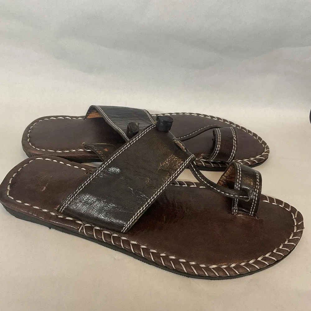 Men's Brown Leather Flip Flop Sandals size 10-10,5 Handmade Vibram Artisan Style